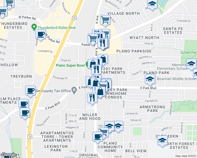 map of restaurants, bars, coffee shops, grocery stores, and more near 2548 K Ave in Plano