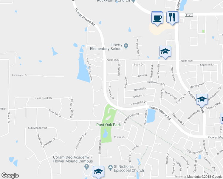 map of restaurants, bars, coffee shops, grocery stores, and more near 3424 Courtney Drive in Flower Mound