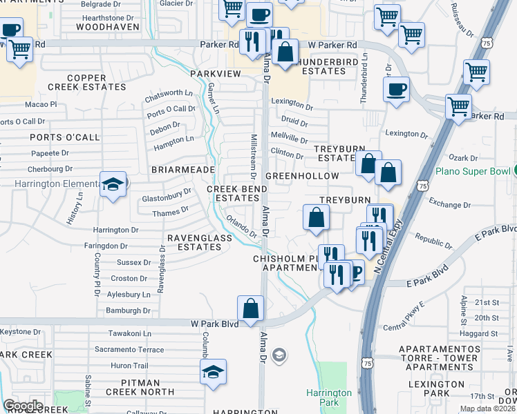 map of restaurants, bars, coffee shops, grocery stores, and more near 1108 Lake Ridge Drive in Plano