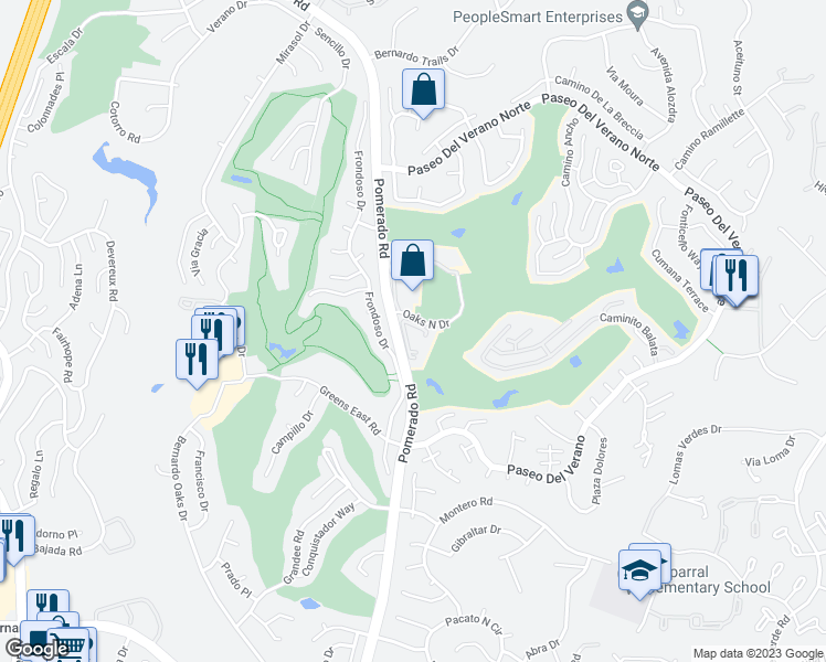 map of restaurants, bars, coffee shops, grocery stores, and more near 12505 Oaks North Drive in San Diego