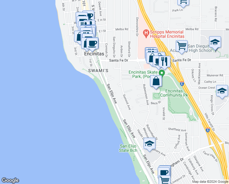 map of restaurants, bars, coffee shops, grocery stores, and more near 1371 South San Elijo Avenue in Encinitas