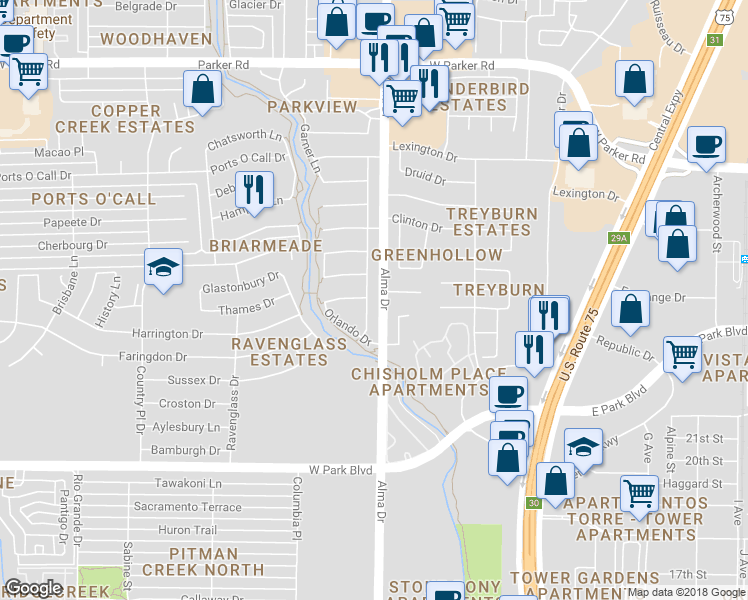 map of restaurants, bars, coffee shops, grocery stores, and more near 1108 Lake Ridge Drive in Plano