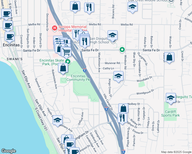 map of restaurants, bars, coffee shops, grocery stores, and more near 628 Ocean Crest Road in Encinitas