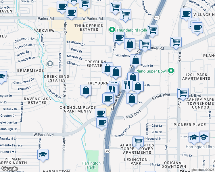 map of restaurants, bars, coffee shops, grocery stores, and more near 2655 Premier Drive in Plano