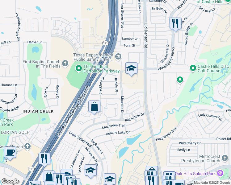 map of restaurants, bars, coffee shops, grocery stores, and more near 1201 Sioux Street in Carrollton
