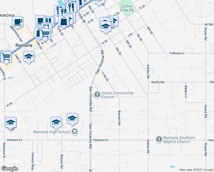 map of restaurants, bars, coffee shops, grocery stores, and more near 1121 11th Street in Ramona