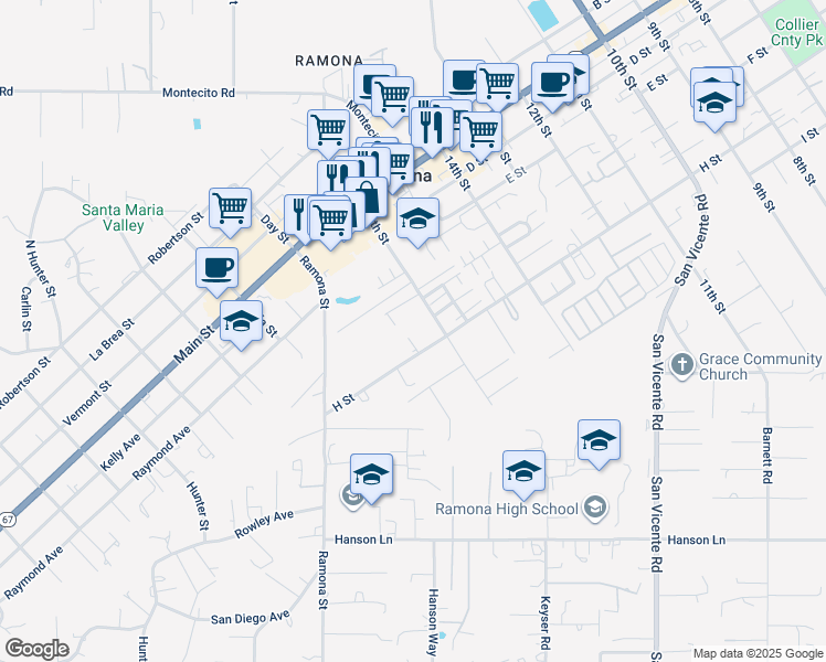 map of restaurants, bars, coffee shops, grocery stores, and more near 1639 H Street in Ramona