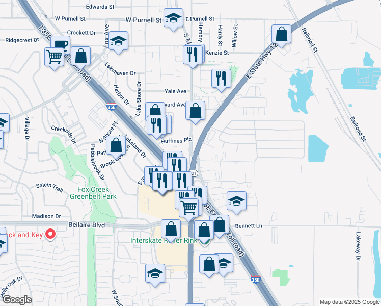 map of restaurants, bars, coffee shops, grocery stores, and more near 1108 South Mill Street in Lewisville