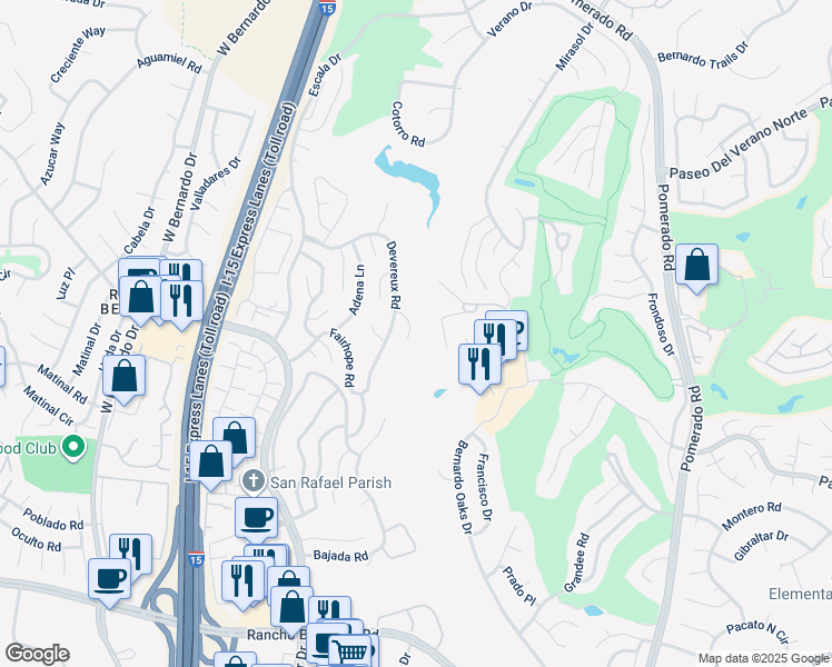 map of restaurants, bars, coffee shops, grocery stores, and more near 17635 Parlange Place in San Diego