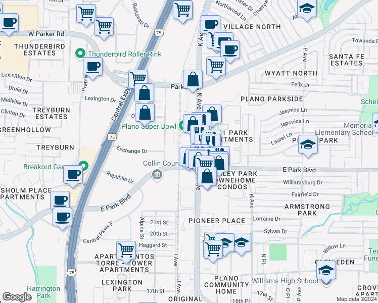 map of restaurants, bars, coffee shops, grocery stores, and more near 2505 K Avenue in Plano