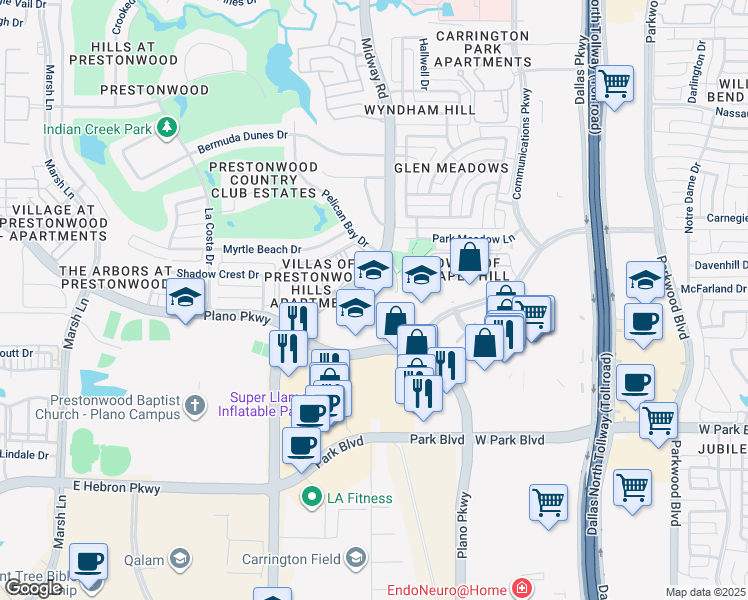 map of restaurants, bars, coffee shops, grocery stores, and more near 2424 Midway Road in Plano