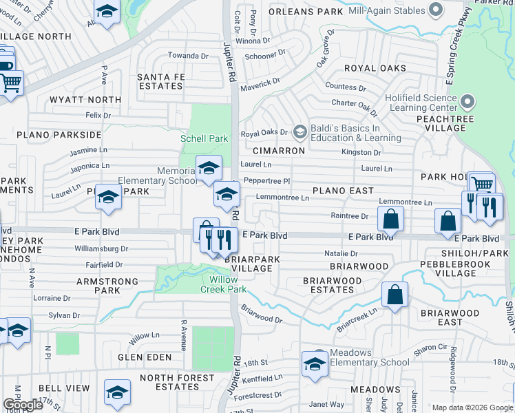 map of restaurants, bars, coffee shops, grocery stores, and more near 2608 Figtree Lane in Plano