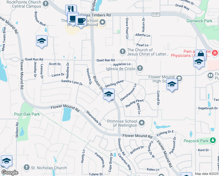 map of restaurants, bars, coffee shops, grocery stores, and more near 3501 Westminister Trail in Flower Mound