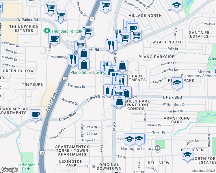 map of restaurants, bars, coffee shops, grocery stores, and more near 2505 K Avenue in Plano