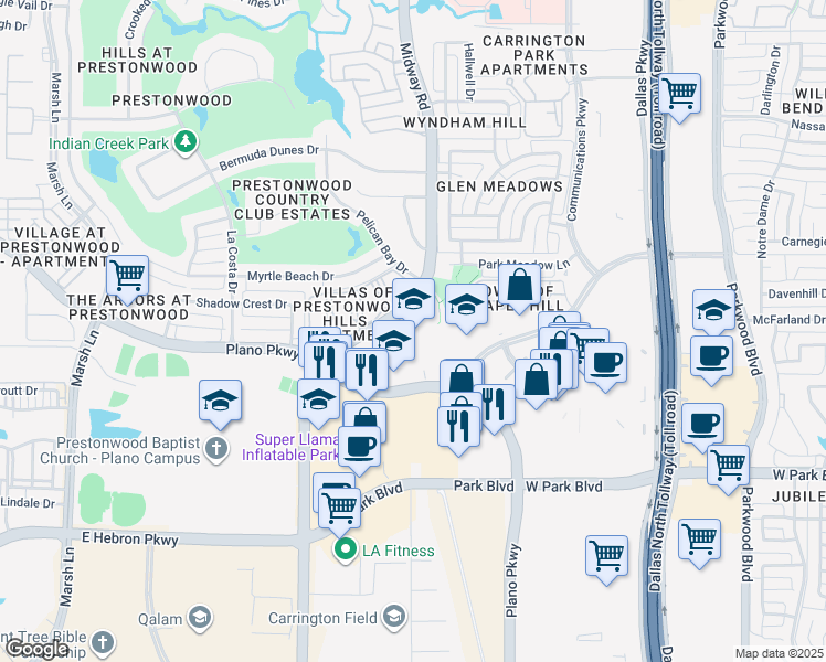 map of restaurants, bars, coffee shops, grocery stores, and more near 2424 Midway Road in Plano