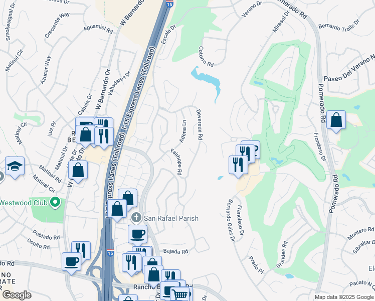 map of restaurants, bars, coffee shops, grocery stores, and more near 17618 Marymont Place in San Diego