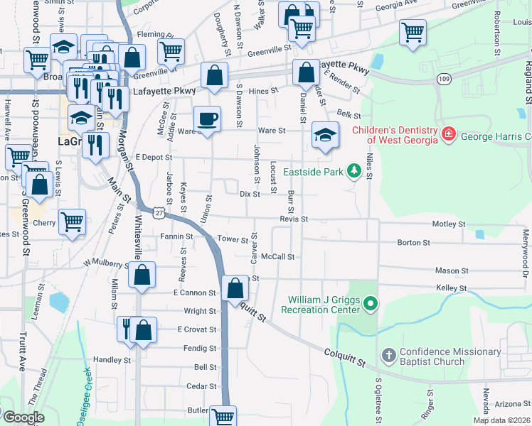 map of restaurants, bars, coffee shops, grocery stores, and more near 210 Dix Street in LaGrange