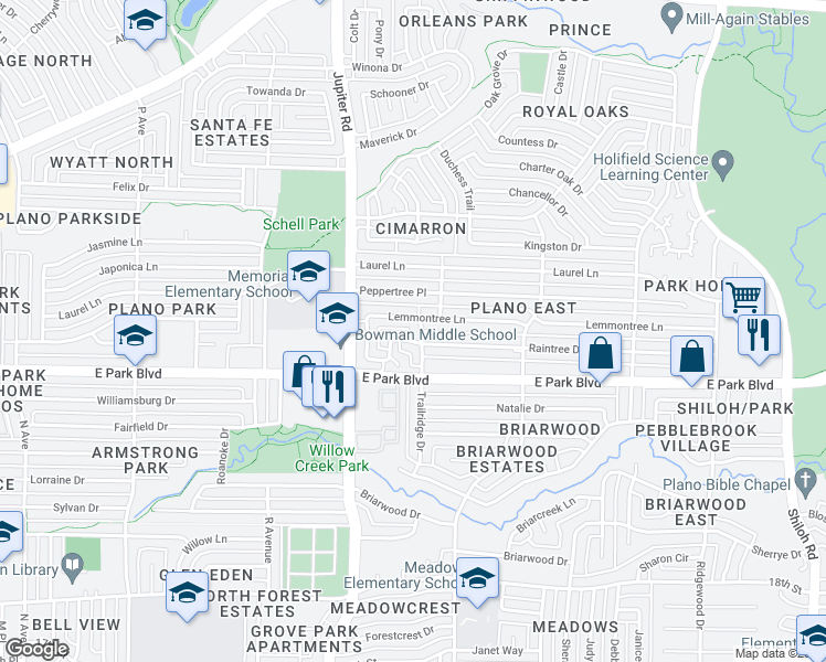 map of restaurants, bars, coffee shops, grocery stores, and more near 2605 Trailridge Drive in Plano
