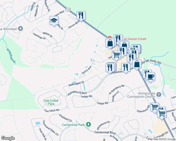 map of restaurants, bars, coffee shops, grocery stores, and more near 136 Darcy Avenue in Goose Creek