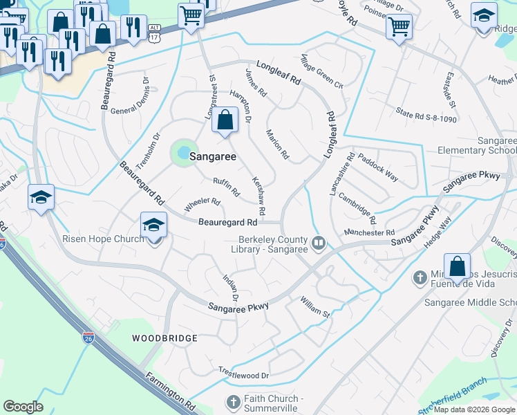 map of restaurants, bars, coffee shops, grocery stores, and more near 215 Ruffin Road in Summerville