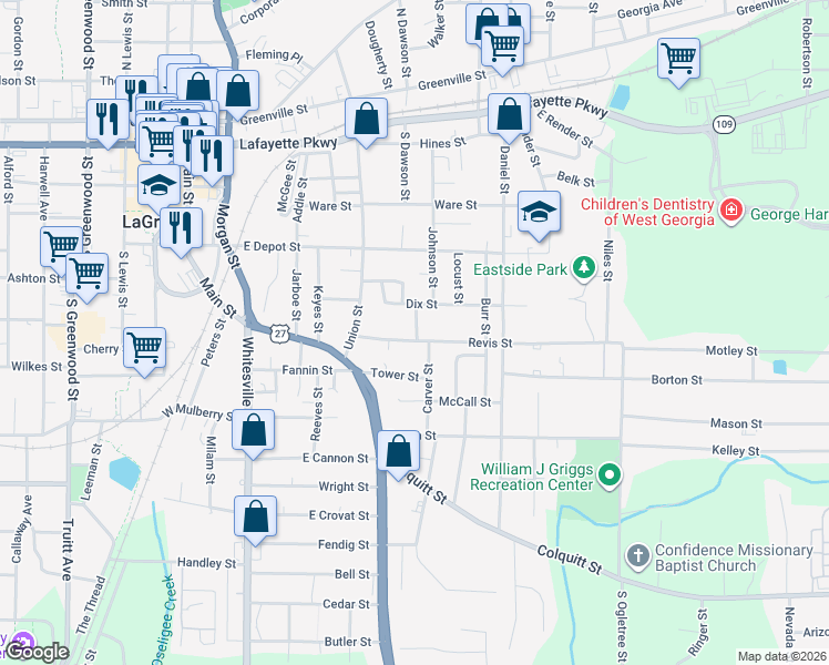 map of restaurants, bars, coffee shops, grocery stores, and more near 109 Revis Street in LaGrange