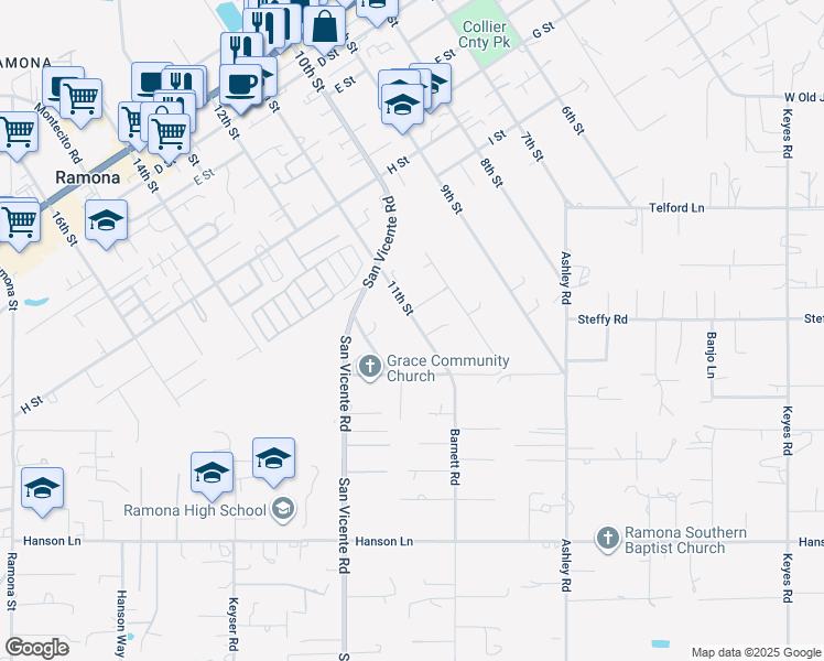 map of restaurants, bars, coffee shops, grocery stores, and more near 1121 11th Street in Ramona