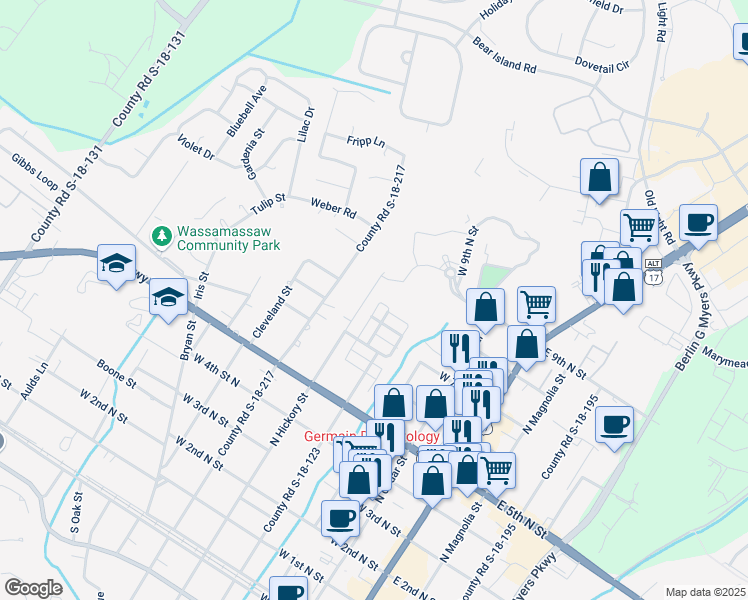 map of restaurants, bars, coffee shops, grocery stores, and more near 719 North Hickory Street in Summerville
