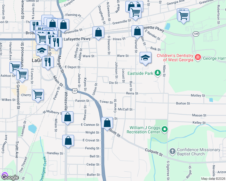 map of restaurants, bars, coffee shops, grocery stores, and more near 210 Dix Street in LaGrange