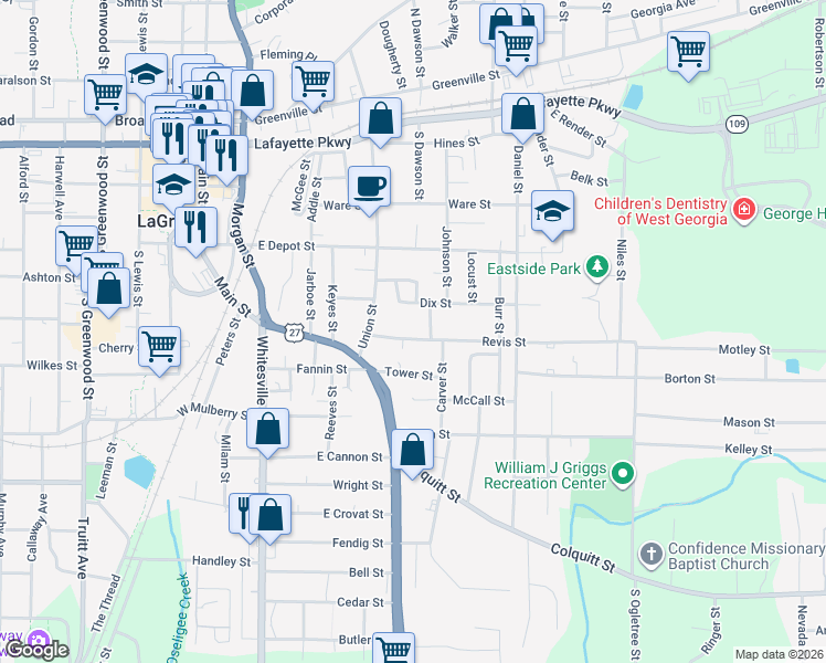 map of restaurants, bars, coffee shops, grocery stores, and more near 109 Revis Street in LaGrange