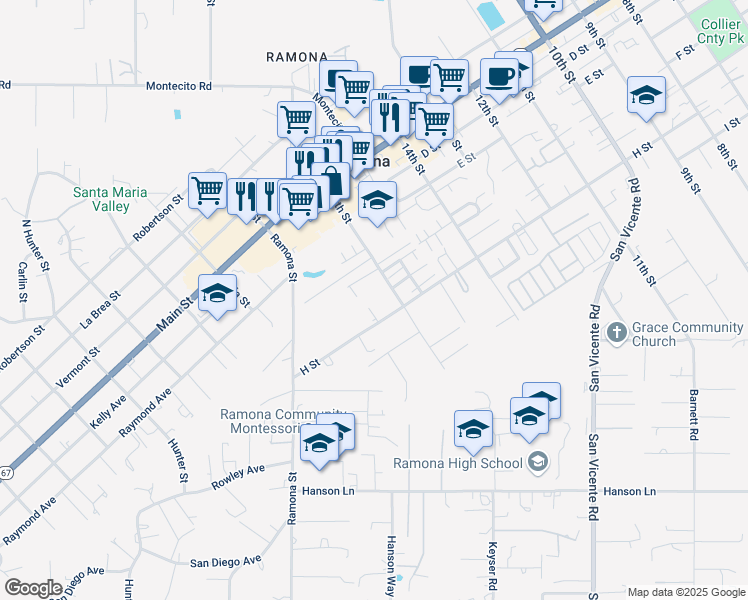 map of restaurants, bars, coffee shops, grocery stores, and more near 1639 H Street in Ramona