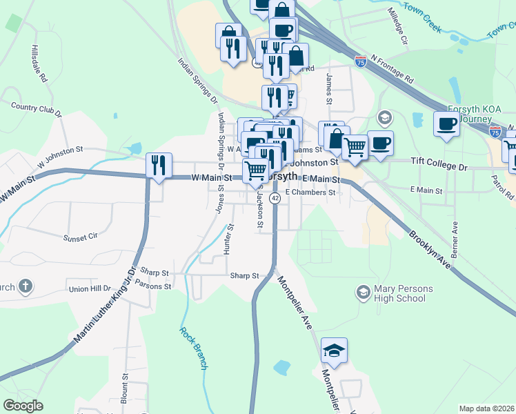 map of restaurants, bars, coffee shops, grocery stores, and more near 70-80 Lovers Lane in Forsyth