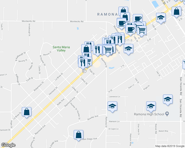 map of restaurants, bars, coffee shops, grocery stores, and more near 407 Pala Street in Ramona