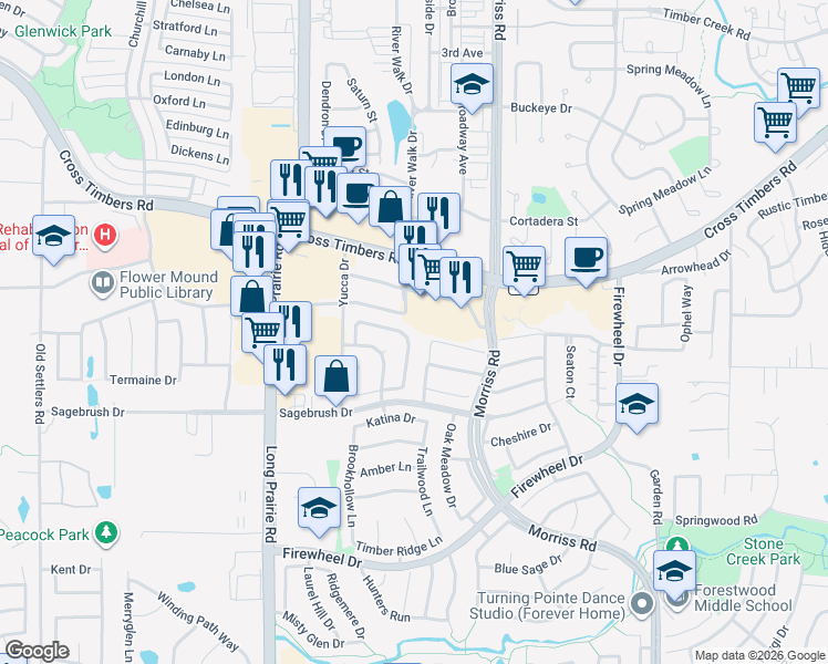 map of restaurants, bars, coffee shops, grocery stores, and more near 3352 Windchase Drive in Flower Mound
