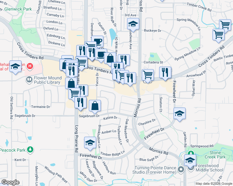 map of restaurants, bars, coffee shops, grocery stores, and more near 3352 Windchase Drive in Flower Mound