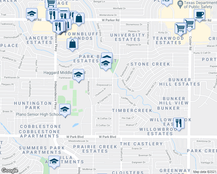 map of restaurants, bars, coffee shops, grocery stores, and more near 2704 Greywood Lane in Plano