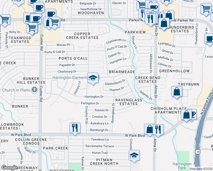 map of restaurants, bars, coffee shops, grocery stores, and more near 1509 Glastonbury Drive in Plano