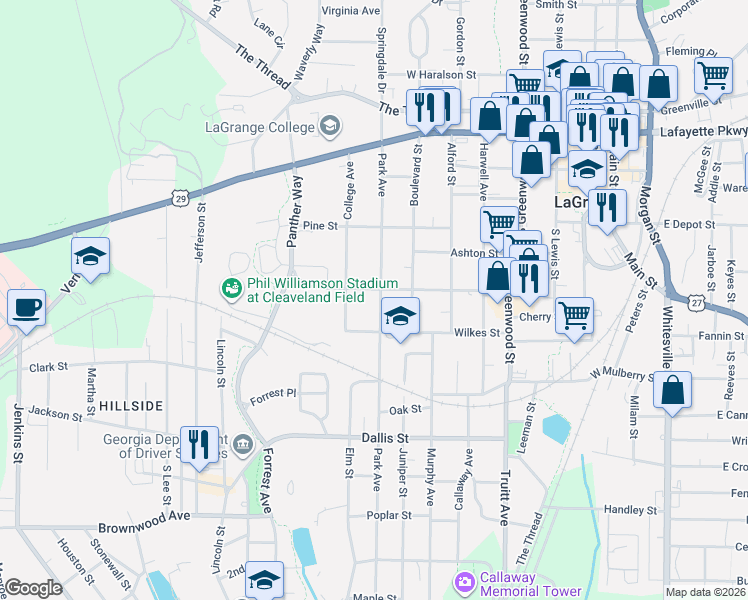 map of restaurants, bars, coffee shops, grocery stores, and more near 501 Park Avenue in LaGrange