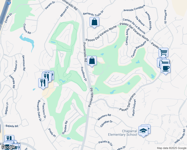 map of restaurants, bars, coffee shops, grocery stores, and more near 12578 Oaks North Drive in San Diego