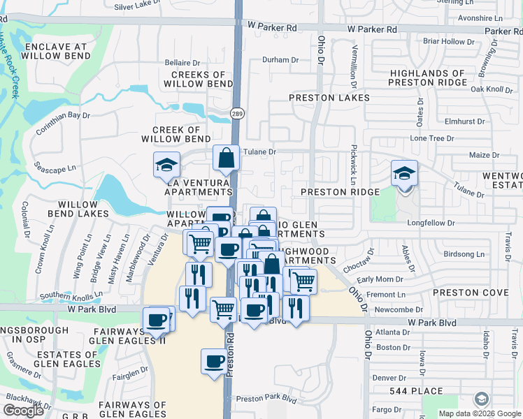 map of restaurants, bars, coffee shops, grocery stores, and more near 2524 Preston Road in Plano