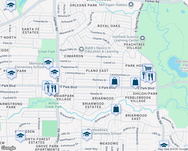 map of restaurants, bars, coffee shops, grocery stores, and more near 2812 Lemmontree Lane in Plano