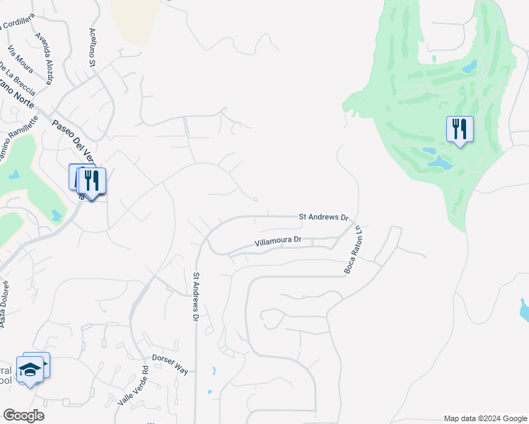 map of restaurants, bars, coffee shops, grocery stores, and more near 17762 Saint Andrews Drive in Poway
