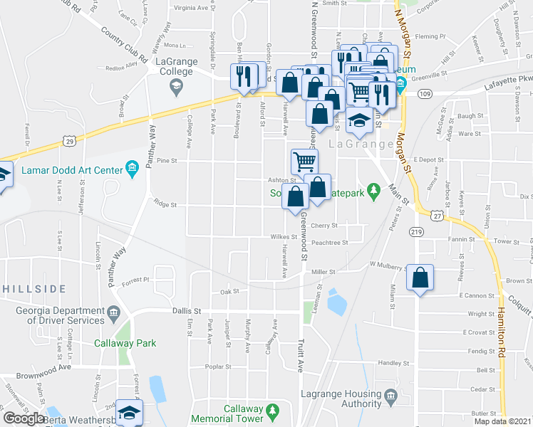 map of restaurants, bars, coffee shops, grocery stores, and more near 503 Alford Street in LaGrange
