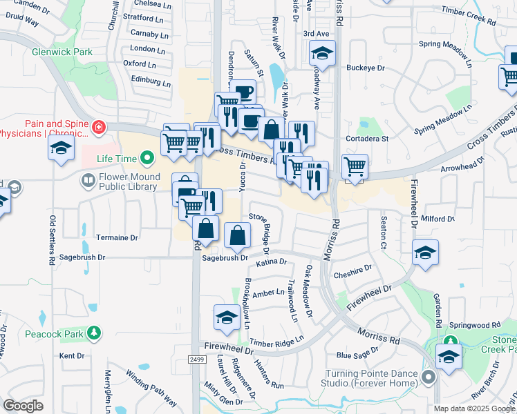 map of restaurants, bars, coffee shops, grocery stores, and more near 2529 Windchase Drive in Flower Mound
