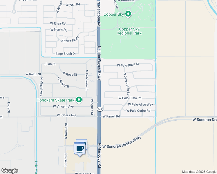 map of restaurants, bars, coffee shops, grocery stores, and more near 44539 West Palo Ceniza Way in Maricopa