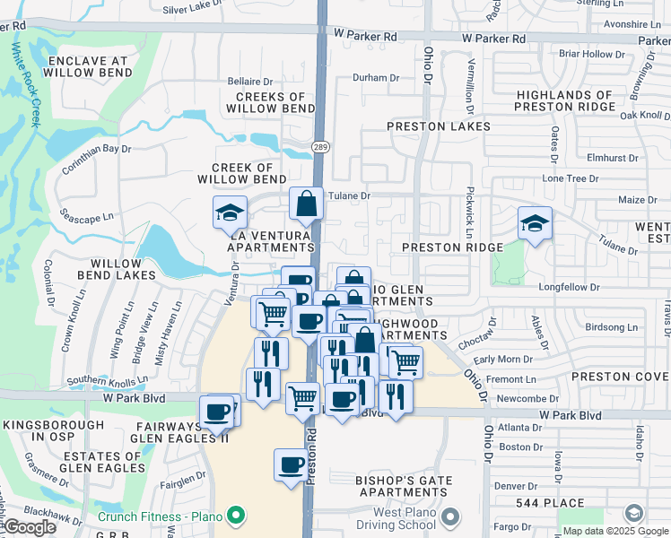 map of restaurants, bars, coffee shops, grocery stores, and more near 2524 Preston Road in Plano