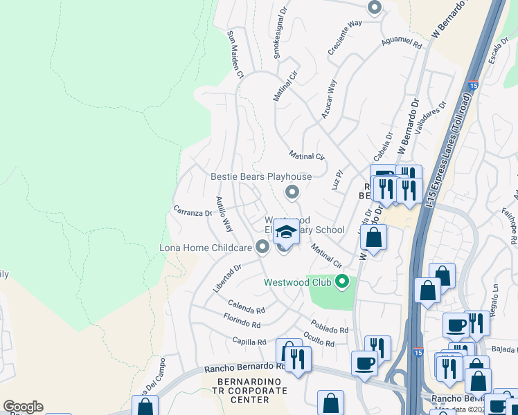 map of restaurants, bars, coffee shops, grocery stores, and more near 10966 Poblado Road in San Diego