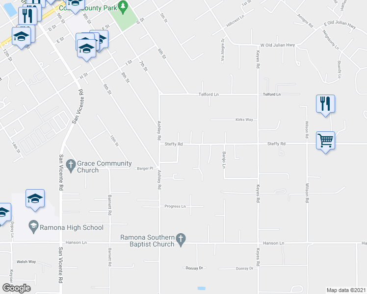 map of restaurants, bars, coffee shops, grocery stores, and more near 810 Steffy Road in Ramona