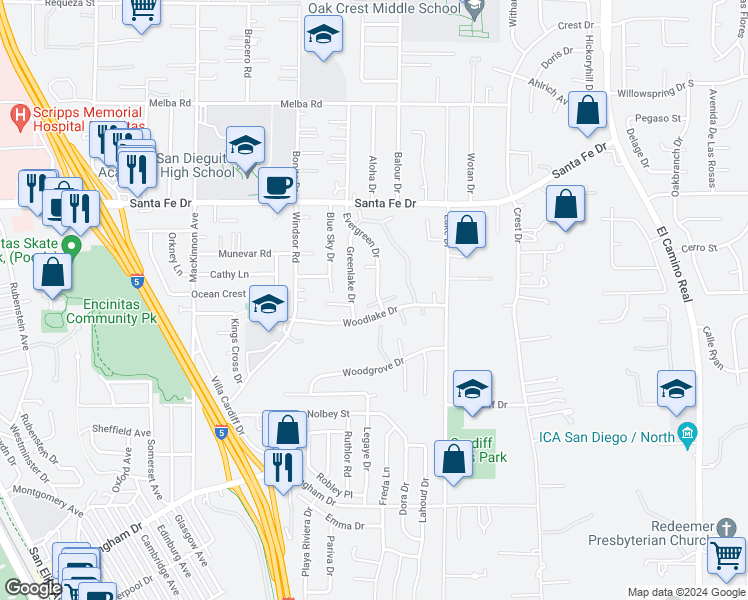 map of restaurants, bars, coffee shops, grocery stores, and more near 1352 Evergreen Drive in Encinitas