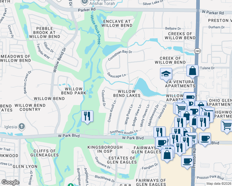map of restaurants, bars, coffee shops, grocery stores, and more near 5312 Mariners Drive in Plano