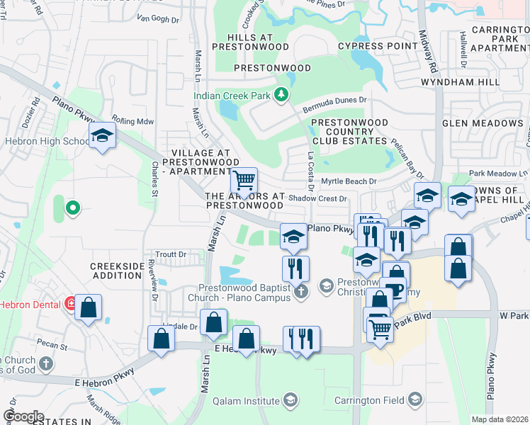 map of restaurants, bars, coffee shops, grocery stores, and more near 2409 Vista Point Drive in Plano